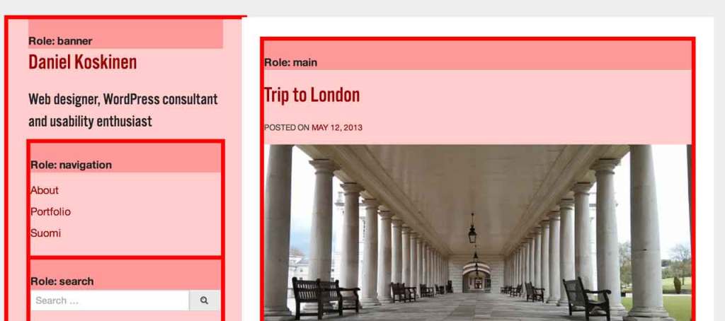 Screenshot of my blog, showing ARIA-marked areas